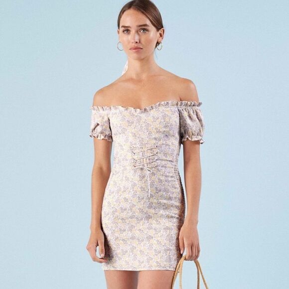 Reformation Miami Mini Cream Purple Dress Floral Shoulder Off Size 2 - Picture 3 of 11